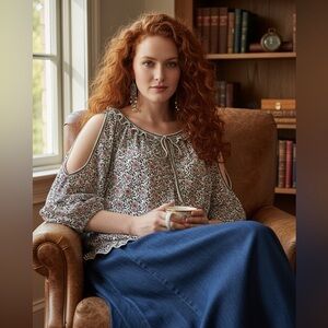 Max Studio Pink Floral Ruffle Tie Neckline Slit Arm Milkmaid Top Size M